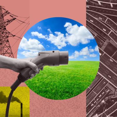 Photo illustration with hand holding electric vehicle charger over a blue sky.