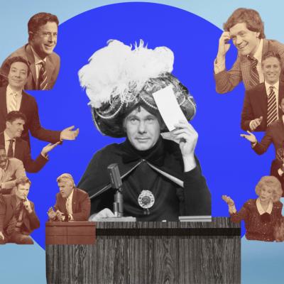 Photo illustration with various late night talk show hosts in a circle around Johnny Carson.