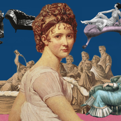 Collage with painting of Madame Récamier and chaise lounge vignettes from history.