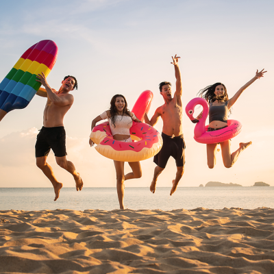 Four friends jumping on the beach holding colorful inflatable pool toys.