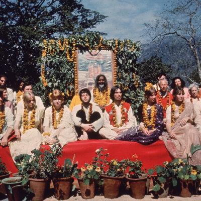 The Beatles with the Maharishi Mahesh Yogi at Chaurasi Kutia.