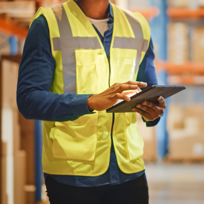 Worker in warehouse with tablet.