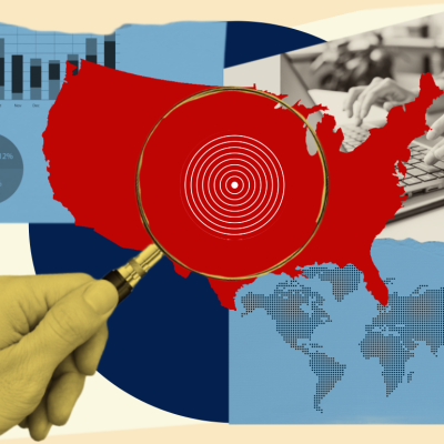Collage illustration with magnifying glass over US map and world map.