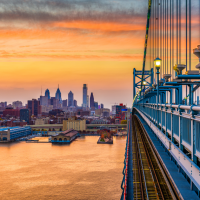 View of Philadelphia, Pennsylvania skyline from bridge