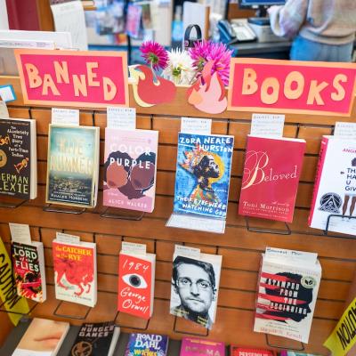 Display of banned books or censored books at Books Inc independent bookstore in Alameda, California, October 16, 2021.