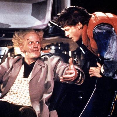 Actors Christopher Lloyd and Michael J. Fox in the 1985 time-travel movie 'Back to the Future.'