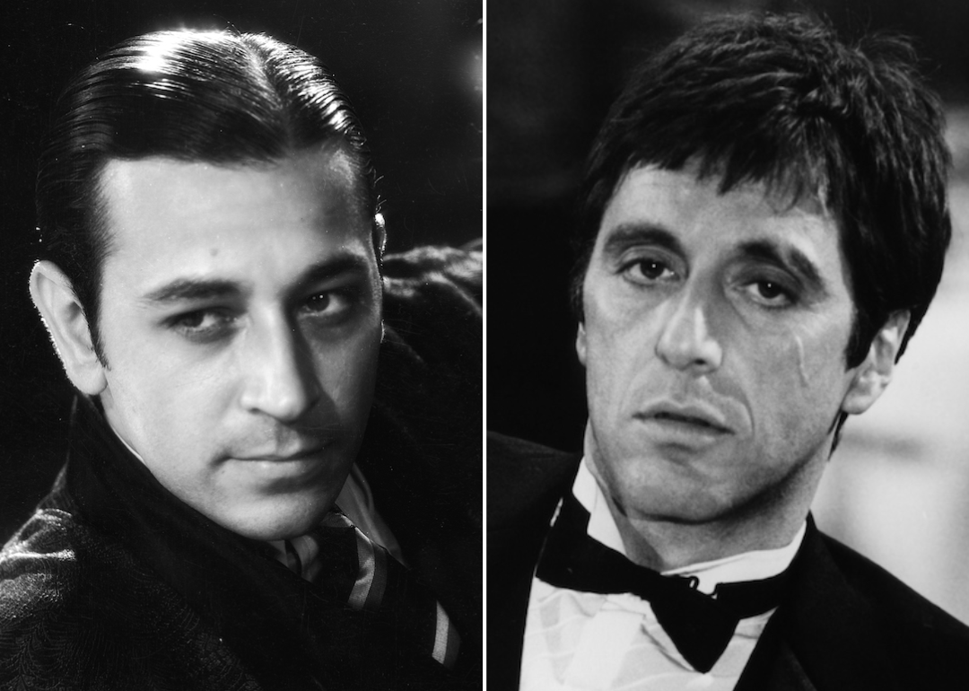 George Raft in the 1932 movie 'Scarface' on the left; Al Pacino in the 1983 remake of 'Scarface' on the right.