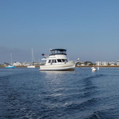 Boats in a mooring field in Carolina Beach, NC.