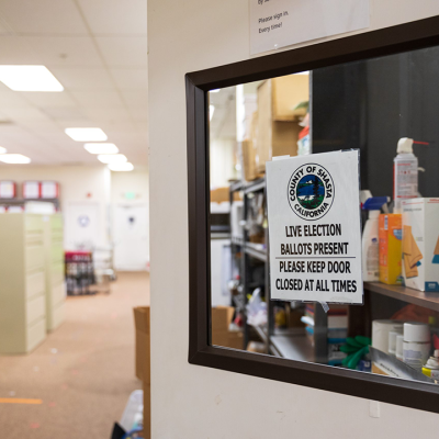 The interior of the Shasta County, California, elections office on August 16, 2023