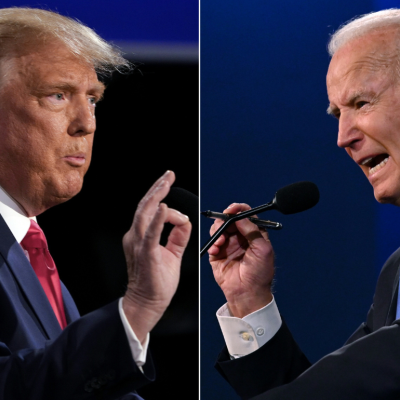 This combination of pictures created on October 22, 2020 shows US President Donald Trump (L) and Democratic Presidential candidate and former US Vice President Joe Biden during the final presidential debate at Belmont University in Nashville, Tennessee, on October 22, 2020. 