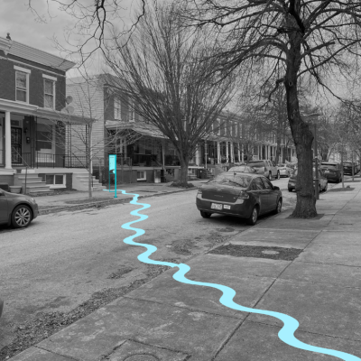 Ghost Rivers installation rendering along Lorraine Ave. in Baltimore