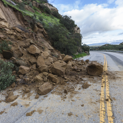 Landslide rocks blocking Santa Susana Pass Road in Los Angeles, California.
