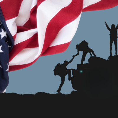 A photo illustration of military personnel climbing atop a tank with an American flag in the foreground