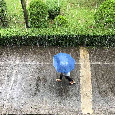 Person walking with a blue umbrella in the pouring rain.