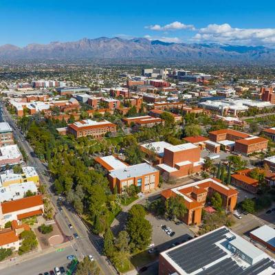 University of Arizona main campus aerial view including University Mall and Old Main Building in Tucson