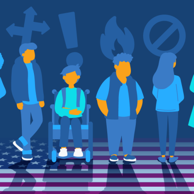 An digital illustration of six people in a row, each with a different symbol above their heads, standing on a floor with an American flag print.