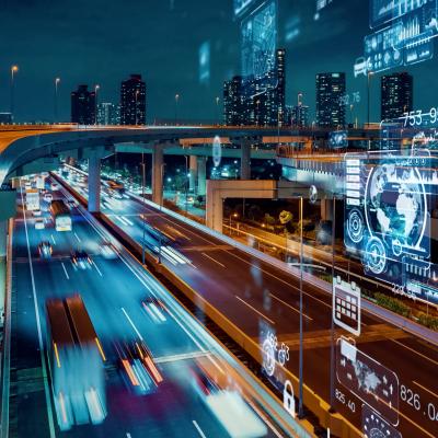 futuristic numbers over freeway, illustrating gathering data from cars on road concept