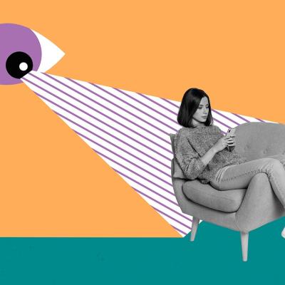 3d retro abstract collage of hacker eye spying personal data of girl in armchair