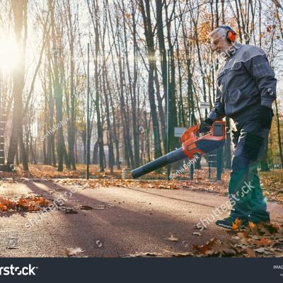 man using leafblower in forest while sun sets behind