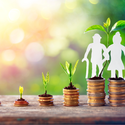 concept of savings growing illustrated by seeds and stacks of coins