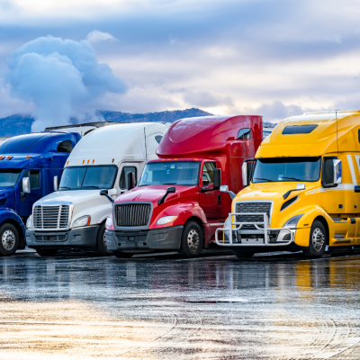 Colorful big rig semi trucks with semi trailers parked closely in a lot.
