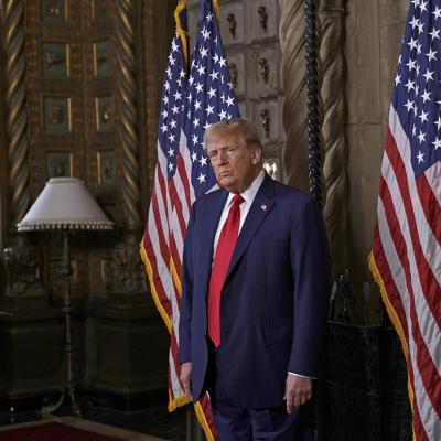  former President Donald Trump speaks in the library at Mar-a-Lago  