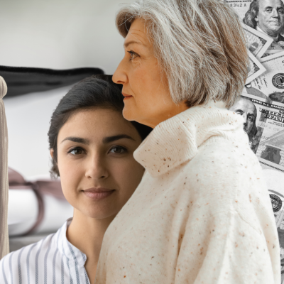photo illustration showing two people of different generation with background symbolizing student debt