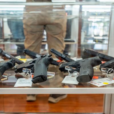 Smith & Wesson handguns are seen for sale in a gun store in Houston, Texas in 2022.