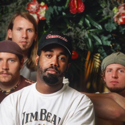 Studio portrait of Hootie & the Blowfish members Darius Rucker, Mark Bryan, Dean Felber, and Jim Sonefeld in Brussels in 1996.