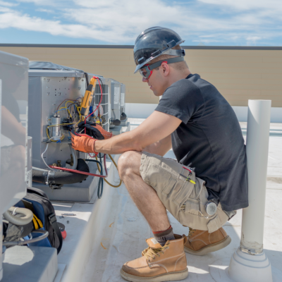 HVAC tech checking on condensing unit on roof