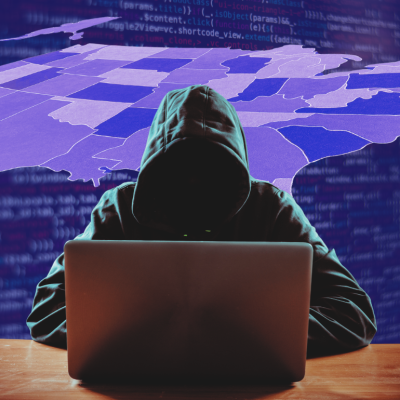 photo illustration of thief at computer with U.S. map in background