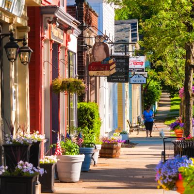 Quaint shops and businesses on Main Street in Hudson, Ohio.