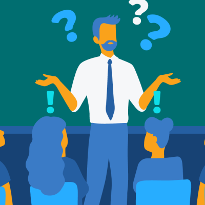 An illustration of a person with question marks floating around his head while four people with exclamation marks above their heads sit in front of him.