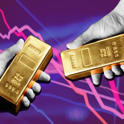 Photo illustration of black and white hands holding gold bars with purple background. 