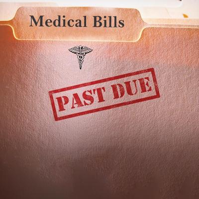 File folders of medical bills stamped with past due label