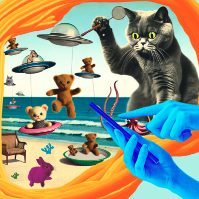A photo illustration of two hands on a smartphone creating a silly mix of cats and UFOs on a beach.