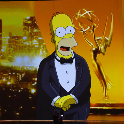 A video of Homer Simpson speaking is projected on a video screen during the 71st Emmy Awards at Microsoft Theater on September 22, 2019 in Los Angeles, California. 