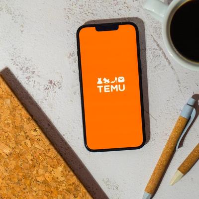 A smartphone displaying the Temu app interface with a notebook, pens, and coffee beside.