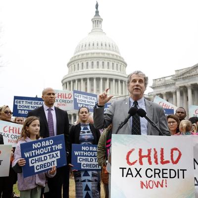 Senator Sherrod Brown (D-OH) speaks during press briefing on expanding the child tax credit