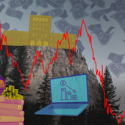 Concept illustration of school systems losing funding with graphic elements of cliff, schools, computers and finance charts.