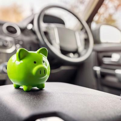 Green piggy bank money box in car interior, vehicle purchase, insurance or driving and motoring cost