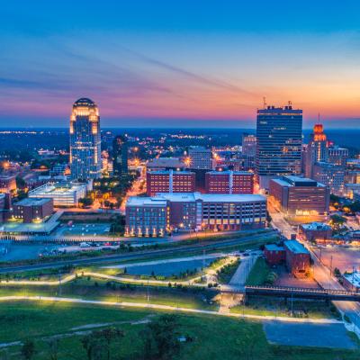 View of Winston-Salem North Carolina skyline at dusk. 