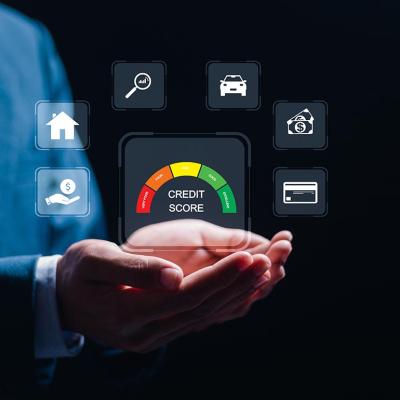Holographic icons showing what a credit score can access hovers a person's hands.