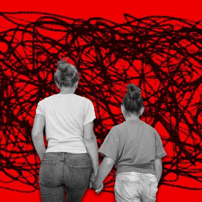 Conceptual illustration showing a mother and her child facing a background of scribbles.
