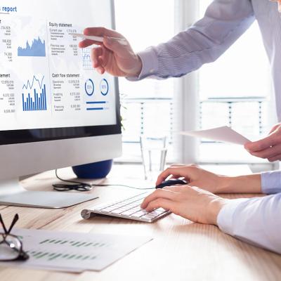 Businessmen using a finance management software for reporting.