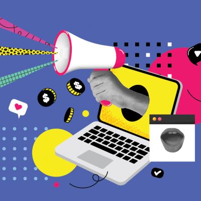 Illustration of a laptop with a hand holding a megaphone coming out of the screen and other concepts of influencer marketing and costs.