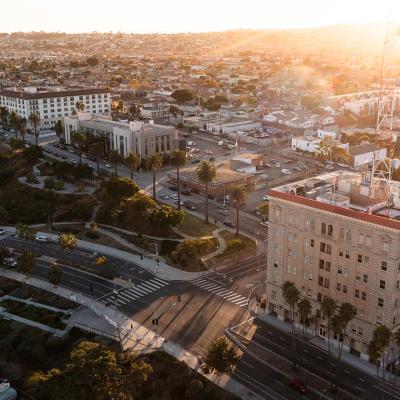 Aerial view of downtown San Pedro, Los Angeles during sunset.