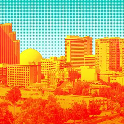 Illustration showing an intensely saturated skyline of a city against a blue background.