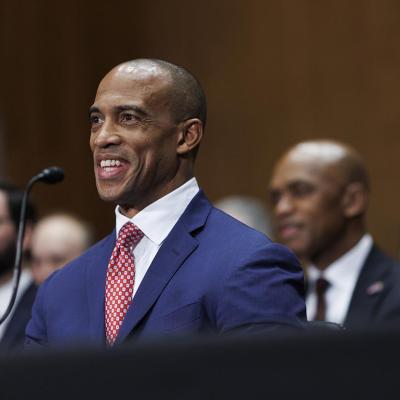 Eric Scott Turner, President Donald Trump's nominee for HUD director, testifies during a Senate Banking, Housing, and Urban Affairs hearing in January. 