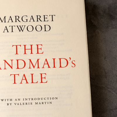 Title page inside a copy of 'The Handmaid's Tale' by Margaret Atwood. 